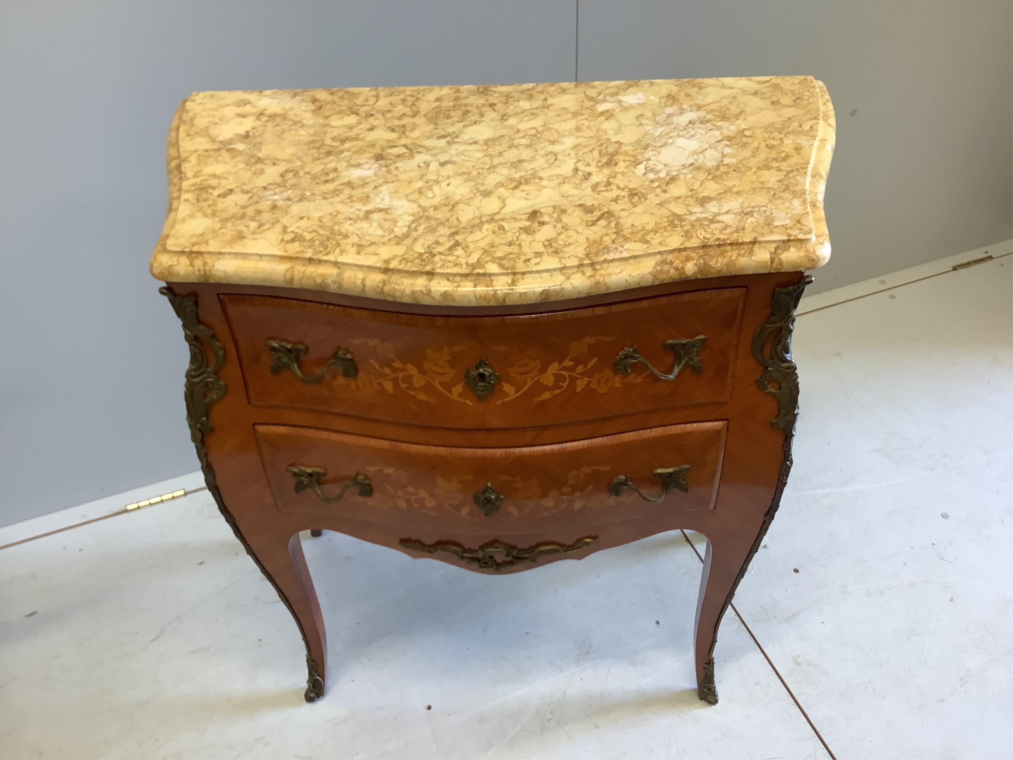 A Louis XVI style inlaid kingwood marble top bombe commode, width 78cm, depth 40cm, height 84cm. Condition - good